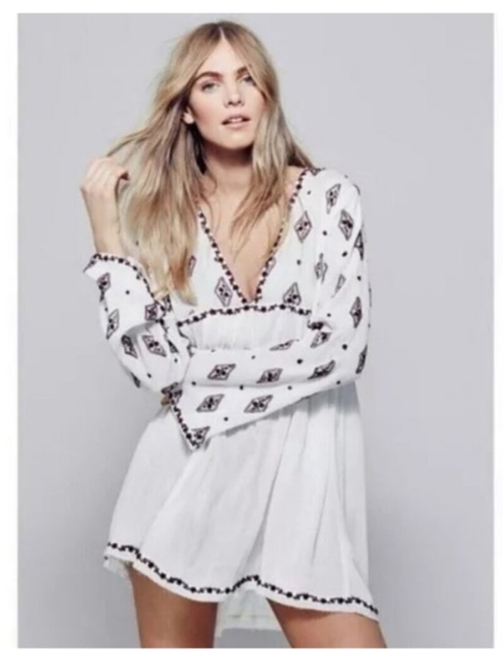 Free People White Tunic Dress with Black Diamond Embroidery